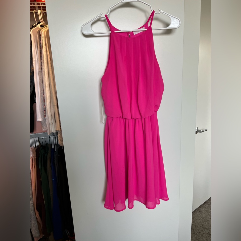 Hot pink Francesca’s high neck chiffon dress, gently pre-loved. 💖